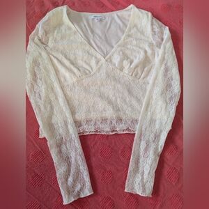 Stitch & Pine Lace Cropped Top Lined V-Neck Long Sleeve Y2K Fairy SzM